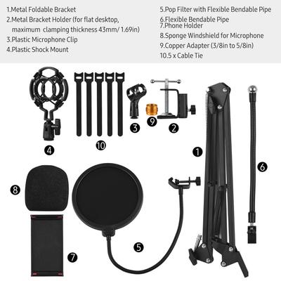 Microphone Arm Stand Adjustable Desktop Microphone Bracket with Mic Clip, Shock Mount, 3 8in To 5 8in Adapter, Pop