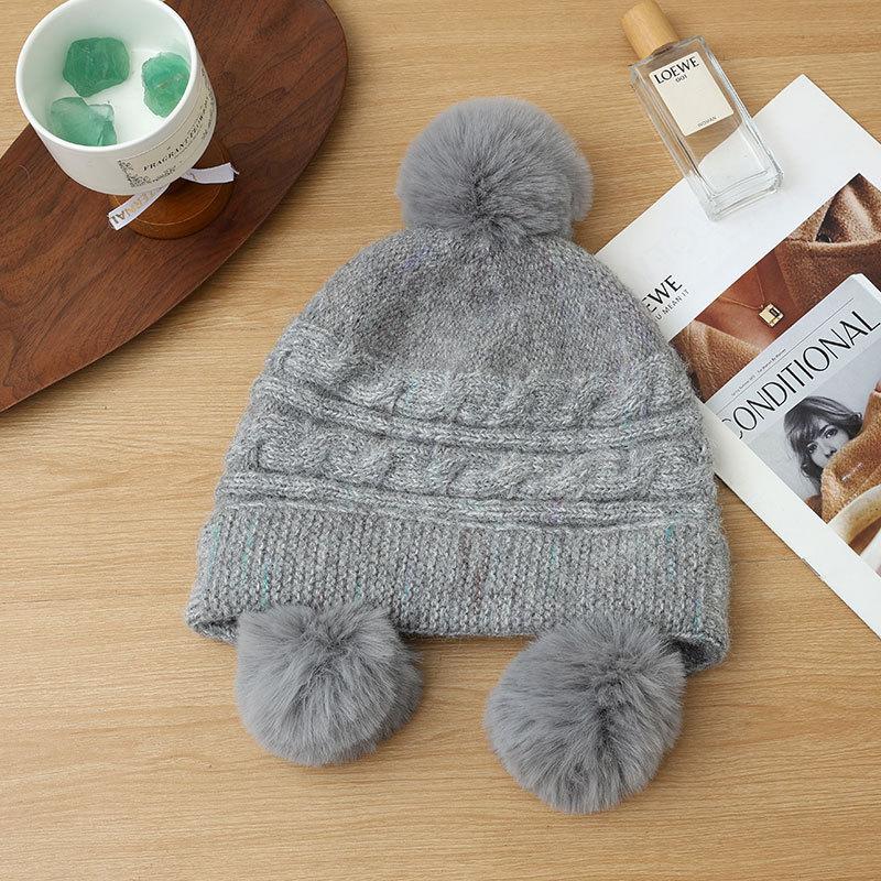 Cute Hairball Knitted Thermal Hat Women's Plush Thickened Ear Protector Wool Hat