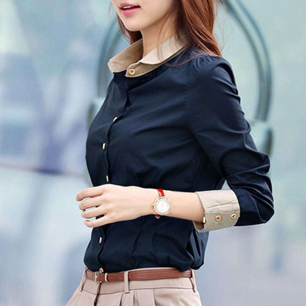 Camicia da Office da Donna Manica Lunga Collo a Revers Vita Stretta Bottoni Camicetta Top Camicie per Donne Moda Blu Scuro