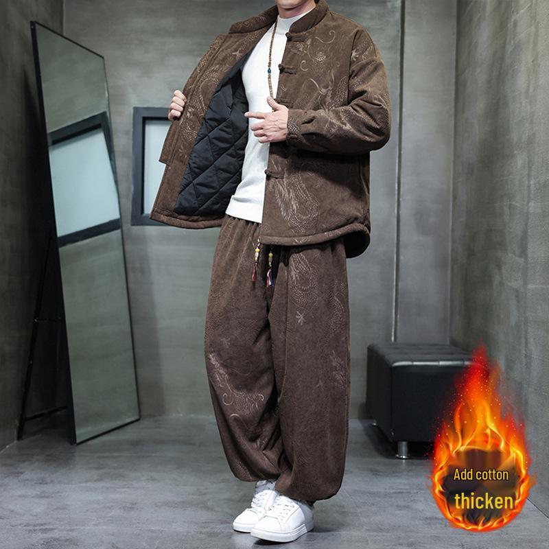 Men's Winter Chinese Style Corduroy Cotton Tang Suit - Thick, Warm Jacket Set