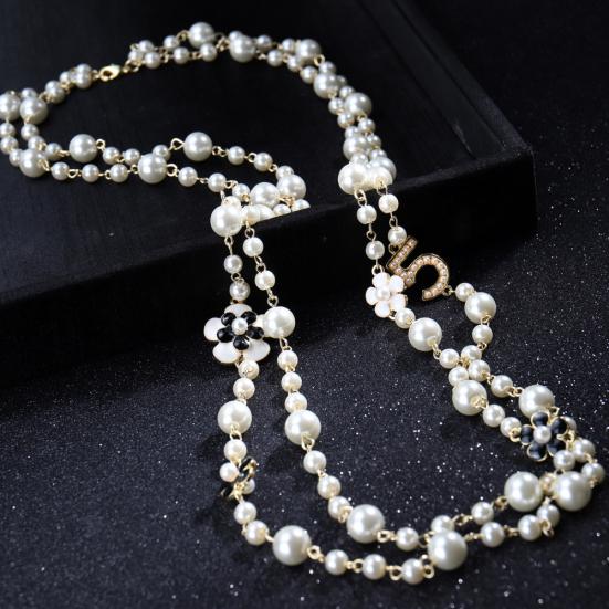 Damen-Halskette, doppellagig, Kunstperle, Blume, Zahl 5, Anhänger, lange Halskette, Schmuck, Geschenk