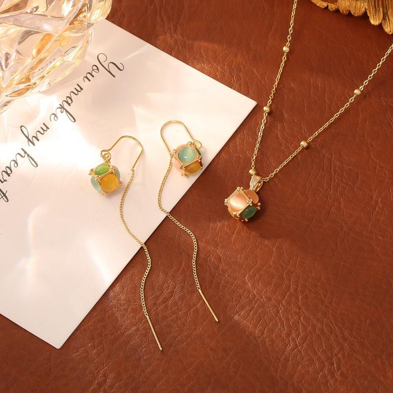 Cats Eye Stone Cube Pendant Necklace Earring Set Dopamine Chic Minimalist Geometric Jewelry Women
