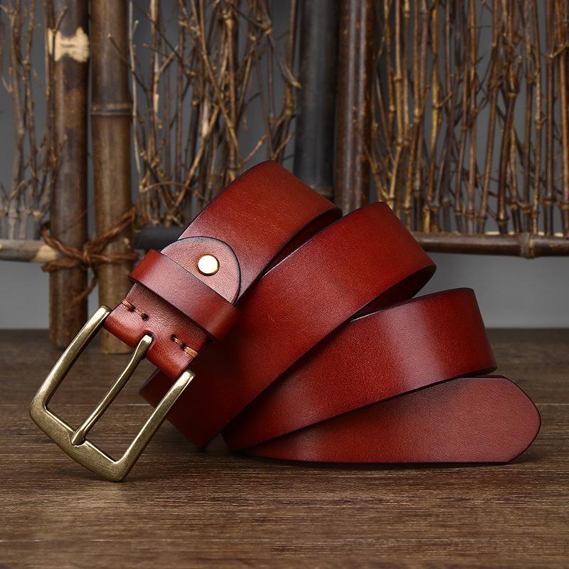 3.8CM Top Cow Genuine Leather Belts for Men Copper Buckle Fashion Style FULL GRAIN Male Belt for Jeans Cowhide Strap