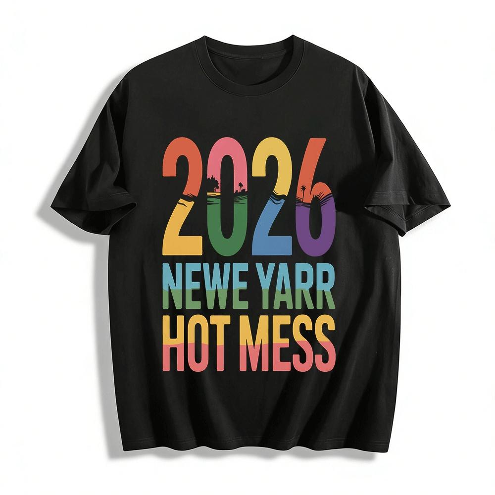 2026 New Year Hot Mess Vacation Style Graphic Casual Top Pure cotton T-shirt XXS