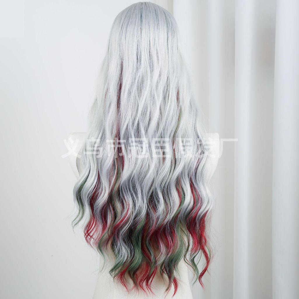 Damska Długa Kręcona Peruka z Grzywką typu Air Bangs - Naturalna, Puszysta, z Dużymi Falami dla Świątecznej Atmosfery