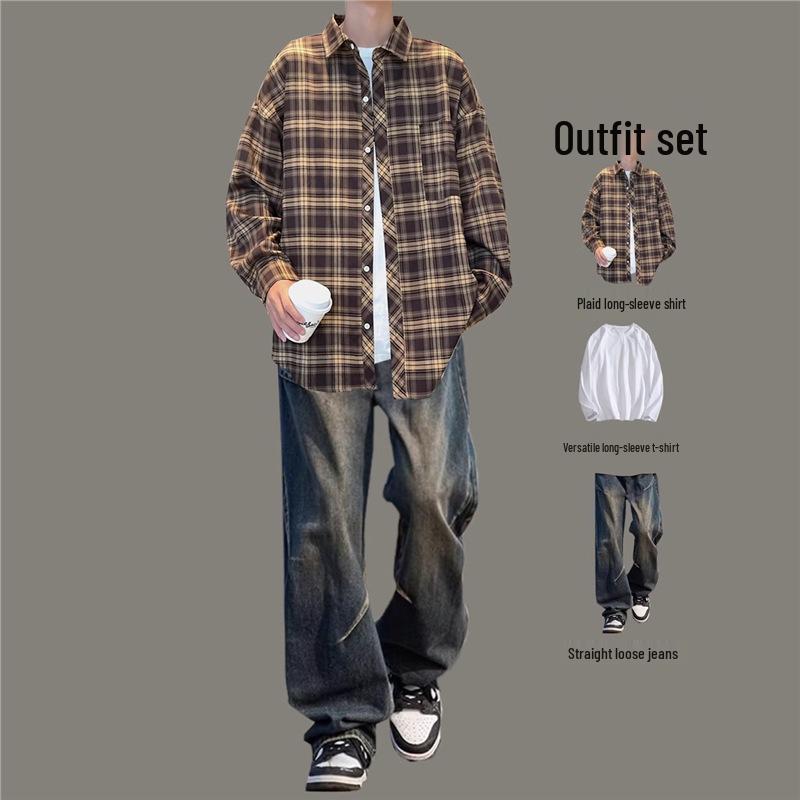 

Мужской модный японский клетчатый комплект рубашки: Весенне-осенний комплект-тройка с курткой с длинным рукавом 3XL