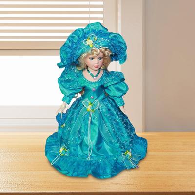 Ceramic Doll In Dress Standing with Costume 15.75" Hat and Hair Elegant Up Porcelain