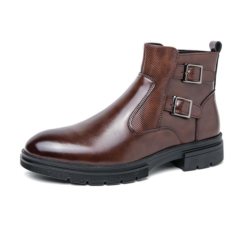 Men's Plus Size 46 Autumn/Winter Martin High-Top Leather Boots, British Style, Double Buckle Slip-On