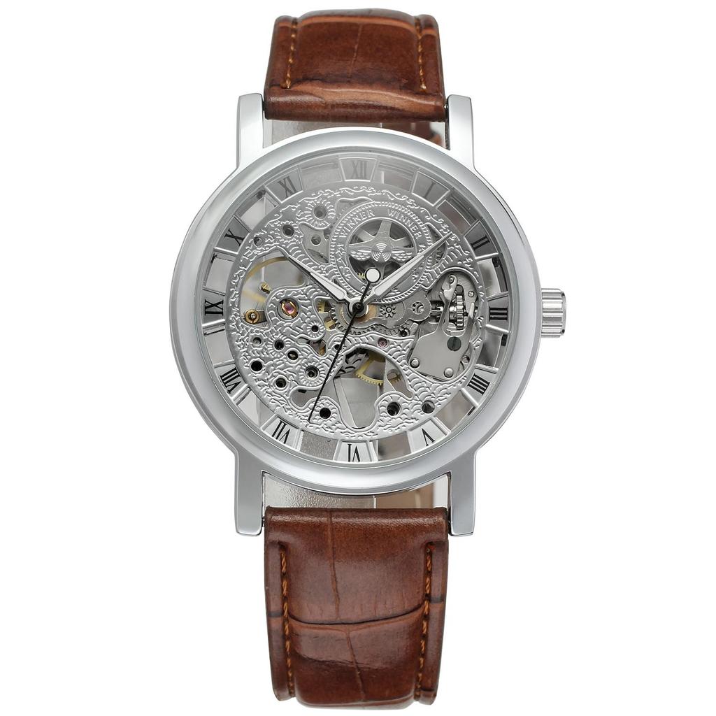 Reloj de Pulsera Mecánico de Cuerda Manual Fashion Winner para Hombre, Estilo Steampunk Esqueleto, Correa de Cuero Casual, Reloj de Pulsera de Gama Alta