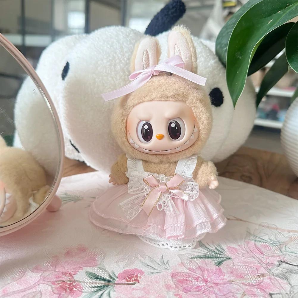 17cm Mini Plush Doll'S Clothes Outfit Accessories For Korea Kpop Labubu Idol Pink Bright Silk Bow Princess Gauze Skirt Clothing