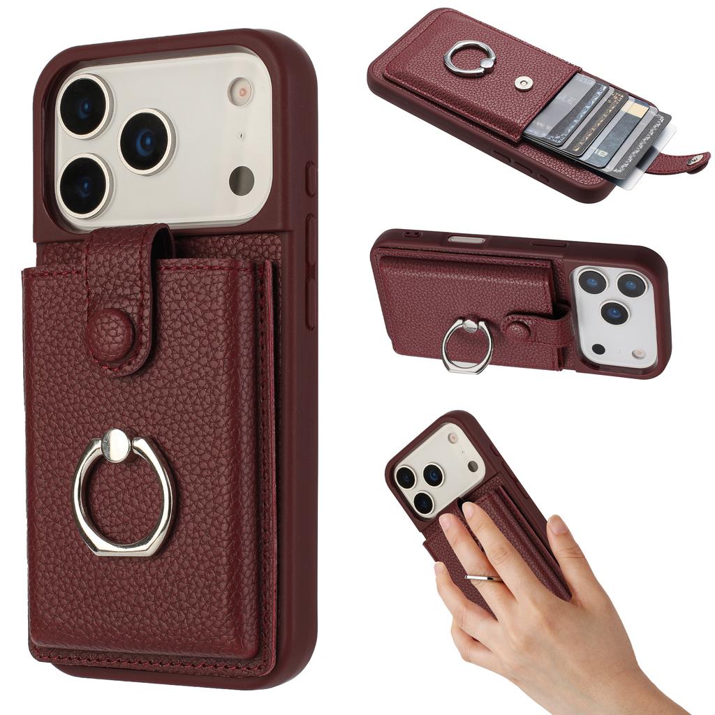For iPhone 17 Pro Case with Ring Kickstand Drawing Type Card Slots Leather Back Cover