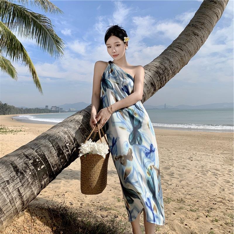 One-shoulder French design sense printing suspender dress women's summer new retro fashion foreign temperament long dress