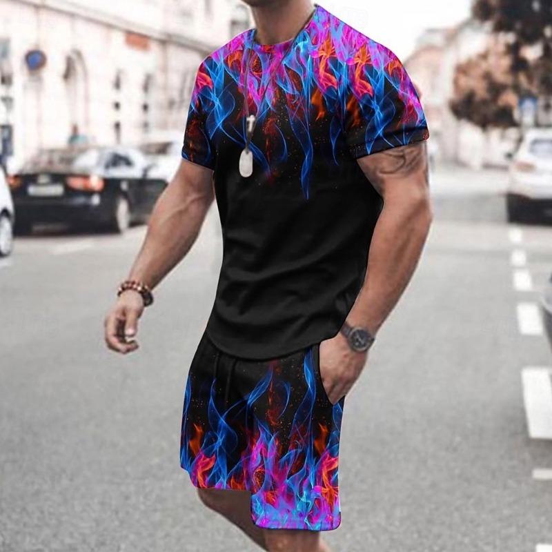 

Men s 3D Print 2pcs Tees sets Summer Tops Short Sleeve Short Pants Crew Neck XXS