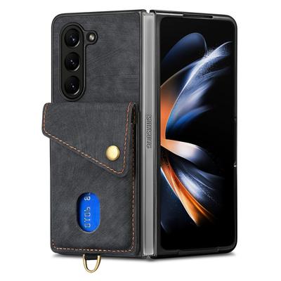 D1 For Samsung Galaxy Z Fold6 5G Case Kickstand Card Bag Leather+PC Phone Cover with Strap