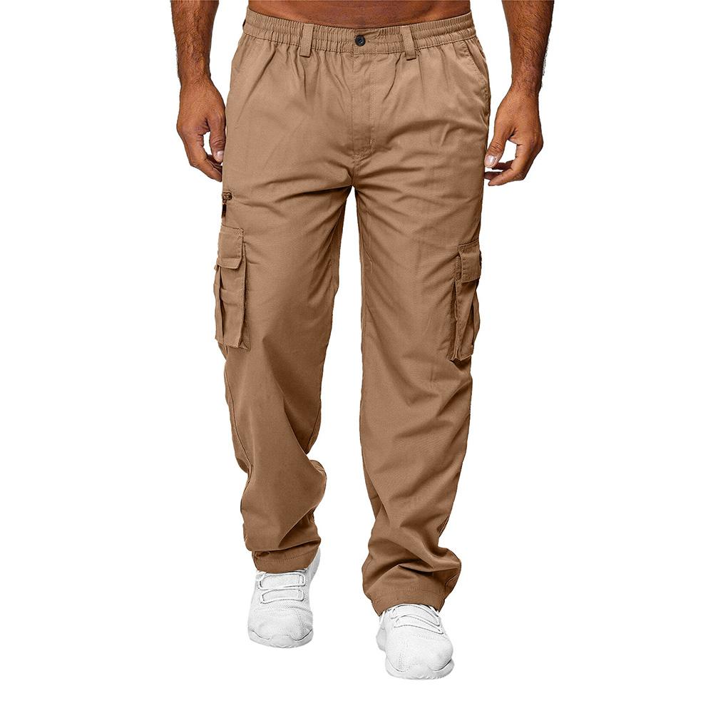 Men Casual Trousers Multi Pocket Cargo Pants Middle Waist Solid Color Loose Clothes Outdoor Sports Long Pants