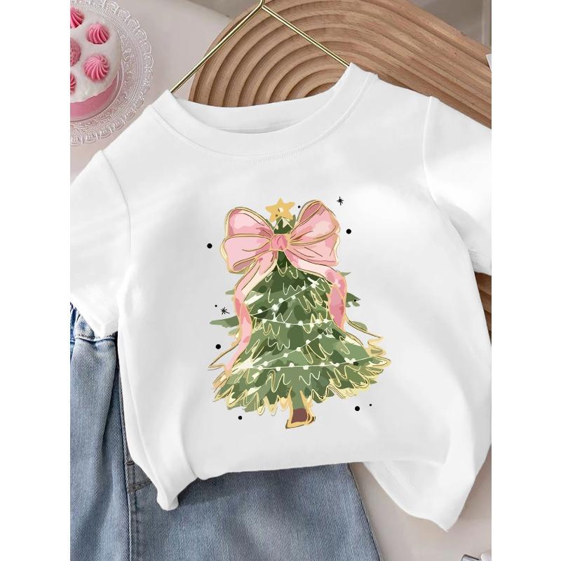 European sizes Christmas Girls  Round Neck T-Shirt, Stylish Print Short Sleeve Casual Top 110