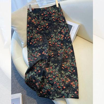 Jupe Midi Trapèze Fendue Taille Haute Florale Rétro pour Femme - Mode Automne 2025