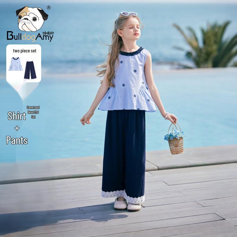 CHANZUIGOU Girls  Wind Chime Blue Striped Summer Set 140 cm