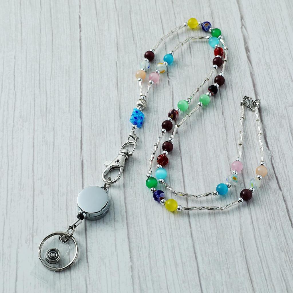 Crystal Stone Lanyard Necklace with Easy-Pull Buckle for ID and Keys