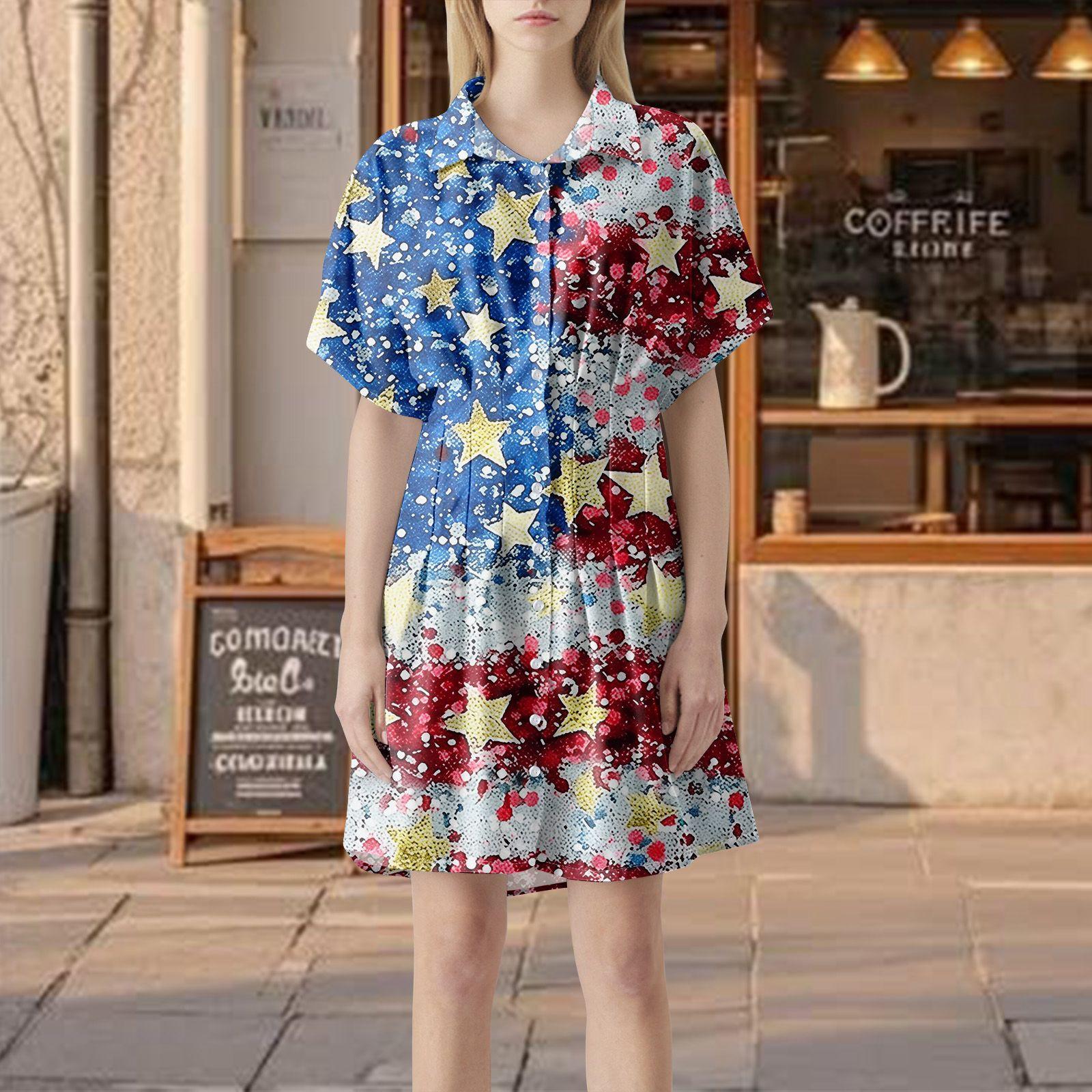 

Женское плиссированное полосатое платье-рубашка с пуговицами спереди, плиссированная рубашка с коротким рукавом, летнее повседневное короткое платье с принтом «День независимости» L киноварь