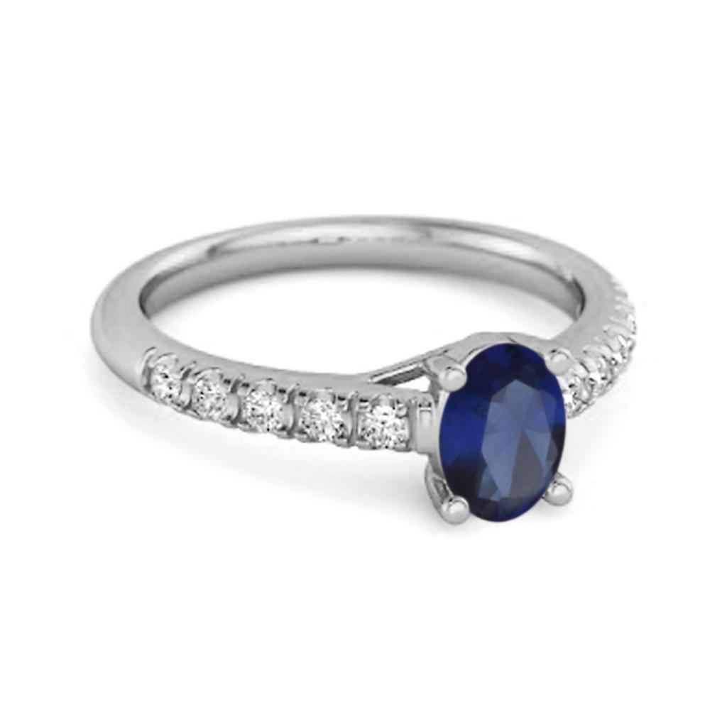 Blue Sapphire Oval Solitaire Accents Ring - 925 Sterling Silver