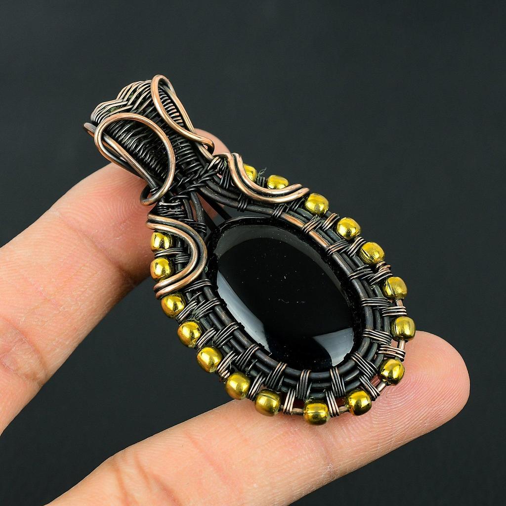 Handmade Wire Wrapped Black Onyx Pendant Necklace - Antique Copper Tree of Life Style Jewelry - Vintage Ethnic Gemstone Charm for Women
