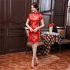 Damen Sommer Cheongsam Stehkragen Pflaumenblütendruck Kurze Ärmel Geteilter Saum Qipao Slim Fit Retro Chinesischer Stil Über Knie Länge Hochzeit