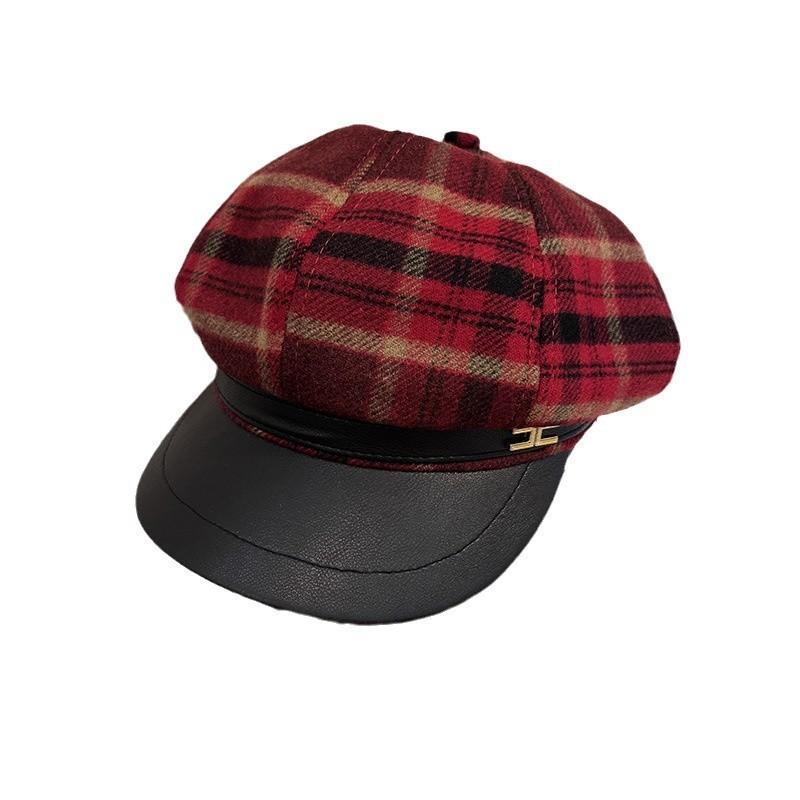 Winter Trendy Fall Plush Octagonal Beret With Grid Design For Womens Fashion