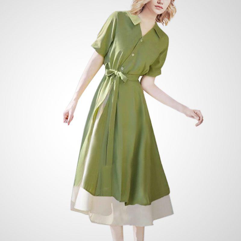 

Французский стиль Классический Западный стиль Мода Зеленое платье-рубашка Женское 2025 Лето Новое чувство дизайна Асимметричная юбка с контролем талии Green-- 2XL