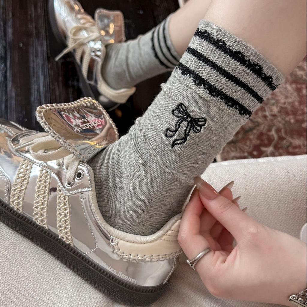 Bow Embroidered Socks Women'S Striped Lace Sweet Tube Socks Outer Lace Stacking Socks