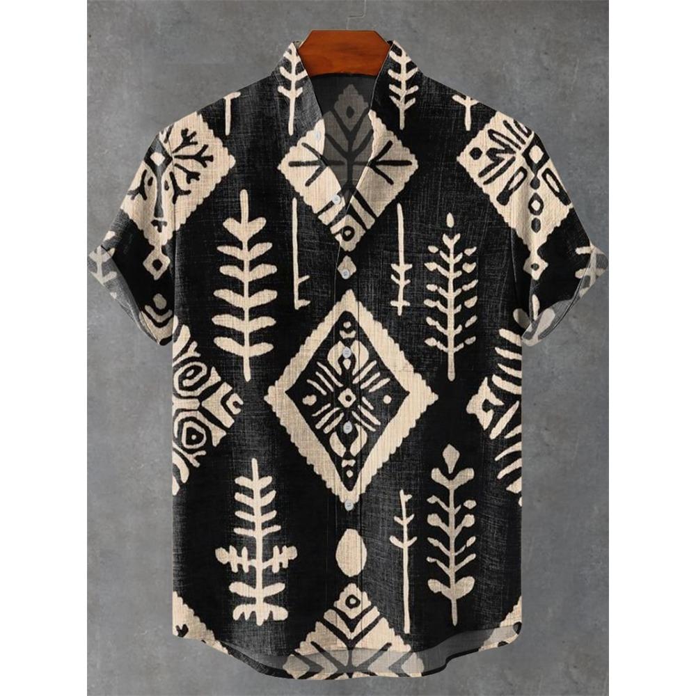 Nuova Camicia da Uomo a Maniche Corte Stile Etnico Vintage Stampa Artistica di Pavone Geometrica 3D Camicia Casual in Lino