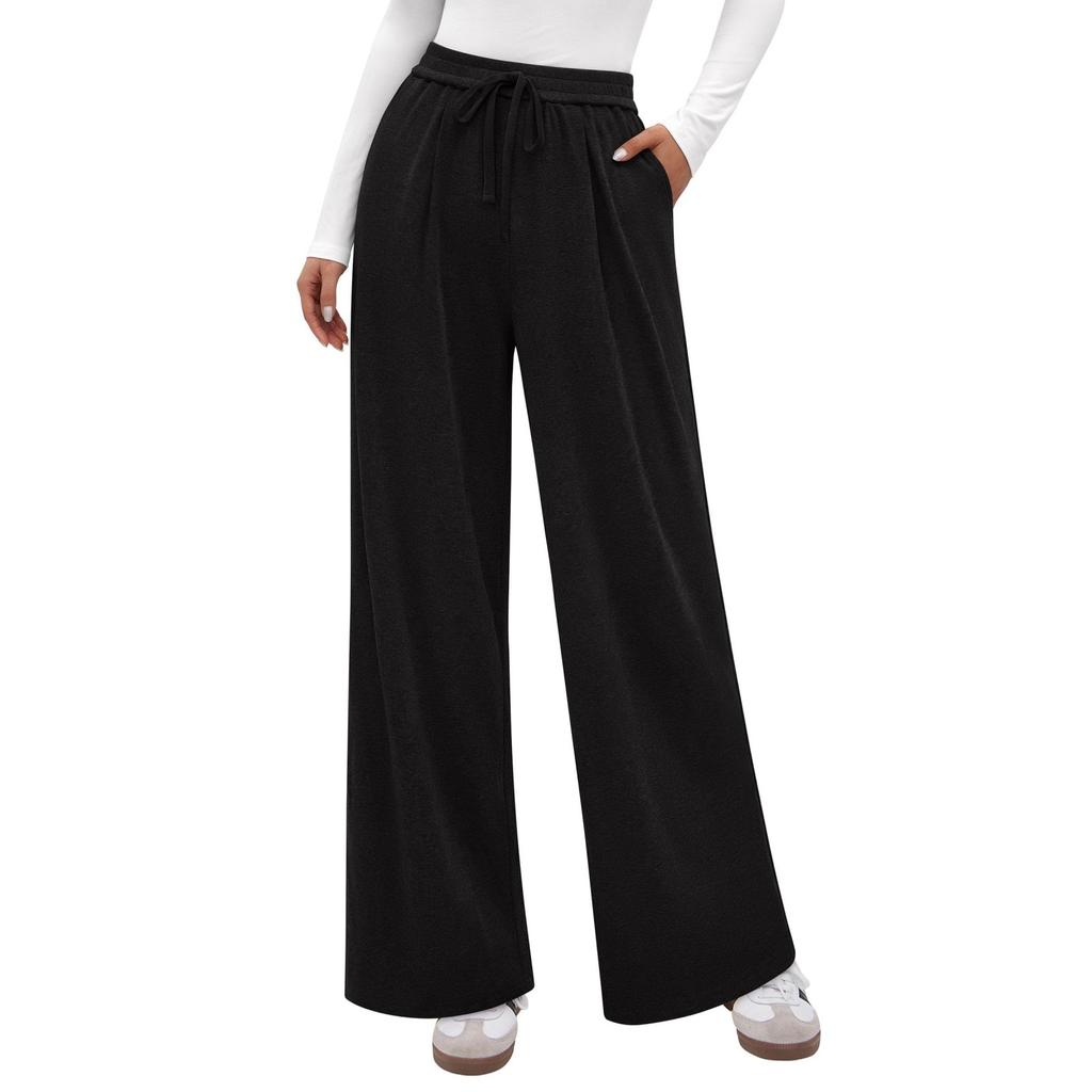 Fashion Women's Elastic High Waist Knitted Casual Wide Leg Pants With Pockets
