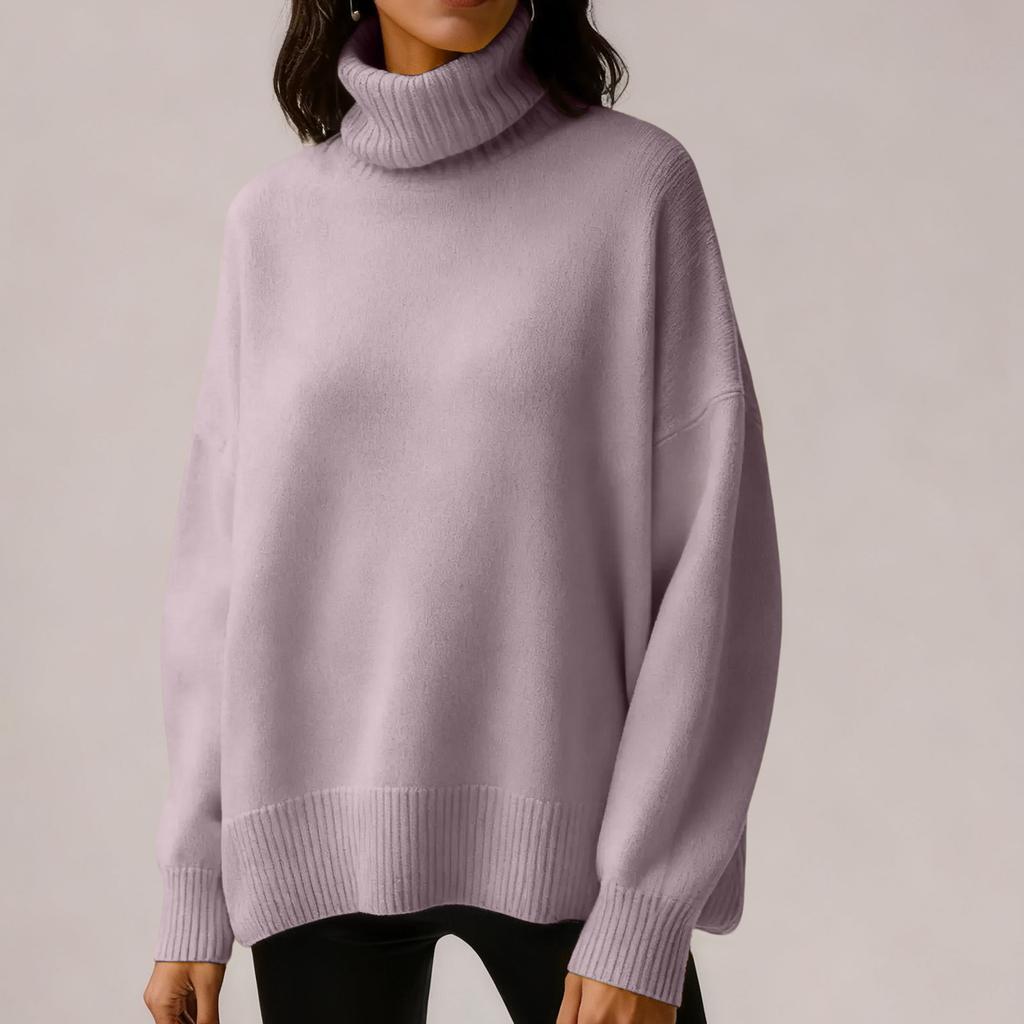 Women's Solid Color High Neck Pullover, Solid Color Loose Knit Sweater