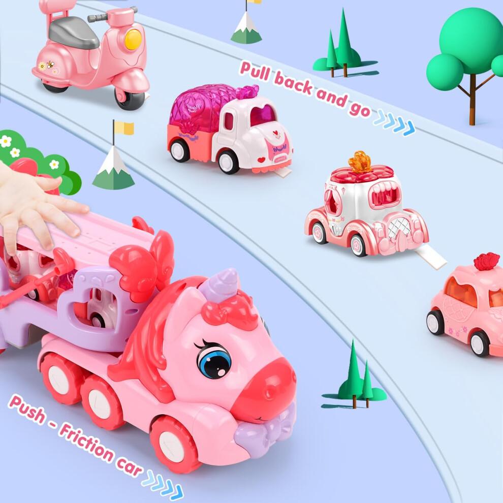 JQLM 5 IN 1 Unicorn Toy Girl Cars, Carrier Truck Toys for Girls Toddlers with Sound&Light, Birthday Christmas Toys Gifts for 2 3 4+ Year Old Baby