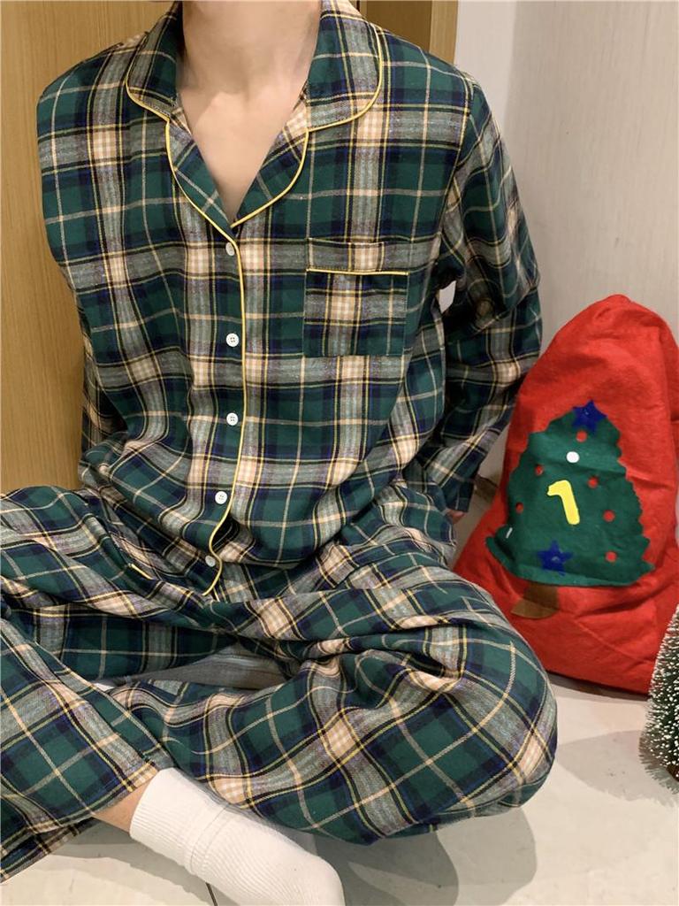Korean-Inspired Autumn/Winter Plaid Pajama Set with Lace Trim for Couples
