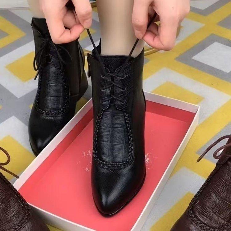 Women's Boots: Soft Leather, Medium Thick Heel Boots, Women's Cotton Shoes with Soft Fleece Soles