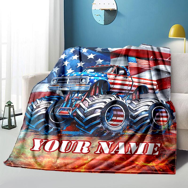 1PC Custom Name American Flag Monster Truck Flannel Blanket Versatile, All-season Throw Suitable for the Living Room, Bedroom, Camping, Travel, and Gi