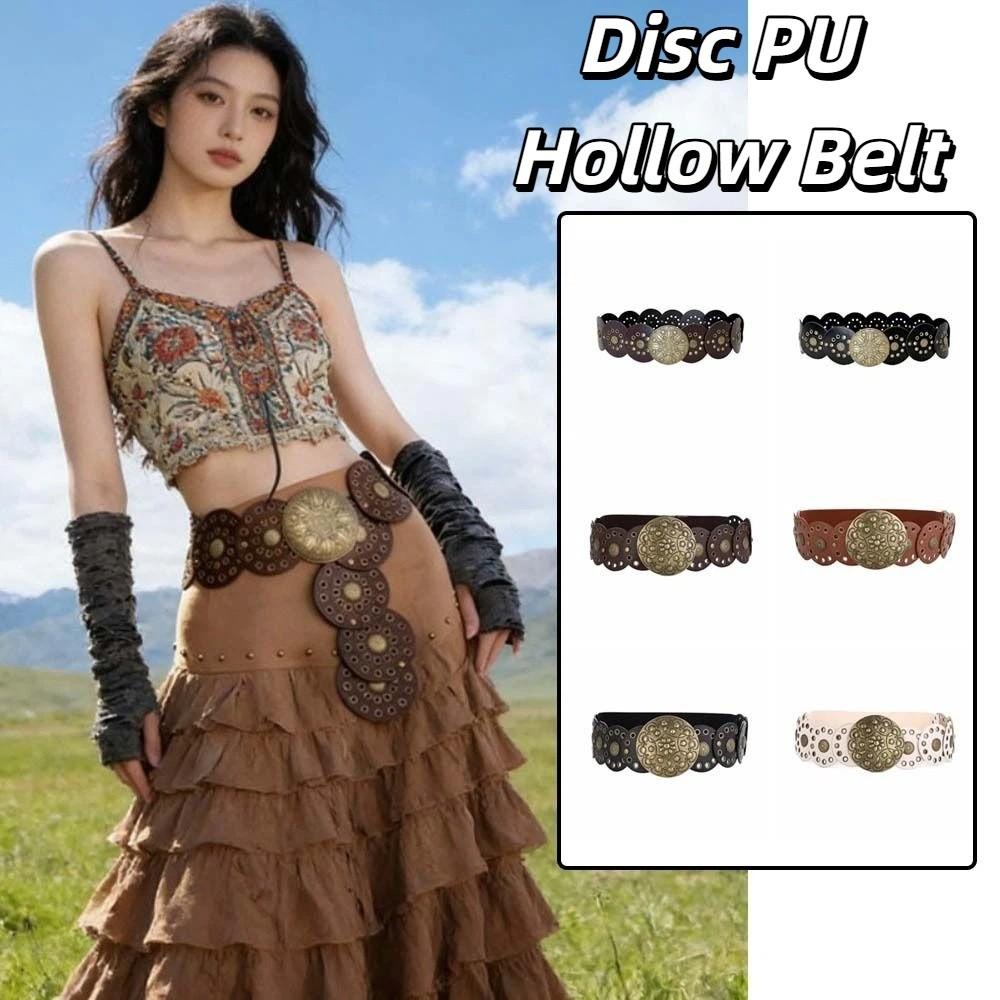 Zinc Zinc Alloy Ethnic Style Rivet Belt Y2K Disc PU Hollow Waistband Vintage Concho Wide Belt Waist Seal