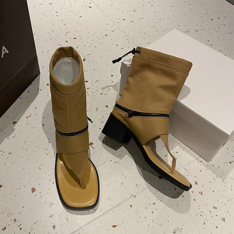 Fischgrätenstiefel Frühling und Sommer 2025 neue Mode Zehenfrei Innenhöhenerhöhung Leder Plüschstiefel Zwei Tragemöglichkeiten Hosenstiefel Sandalen