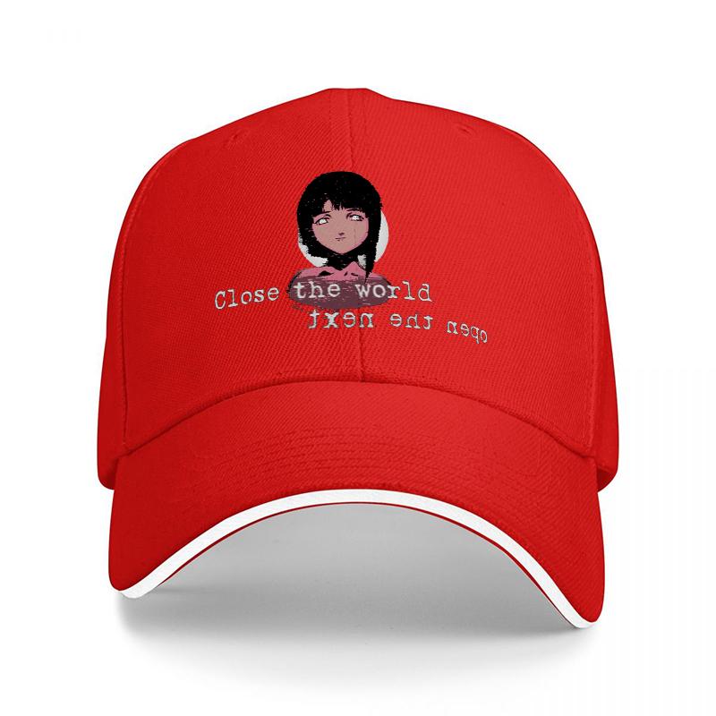 

Close the world open the heart anime character baseball cap with embroidered design and stylish black and white contrast trim Adjustable