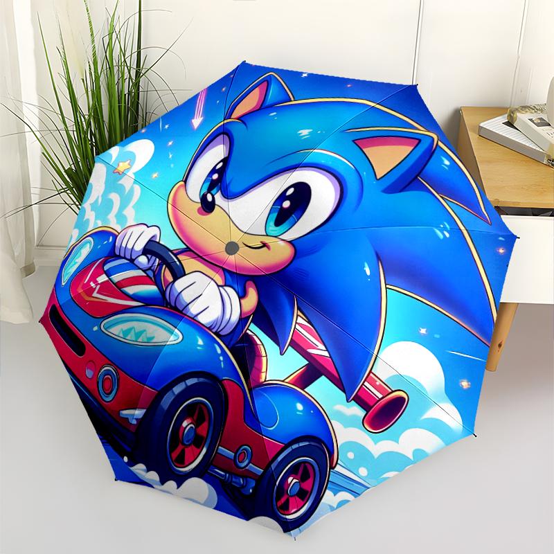 Sonic the Hedgehog Print Automatic Umbrella, 8 Rib Iron Frame, Plastic Handle, Suitable for Outdoor Travel &Daily , Ideal Gift