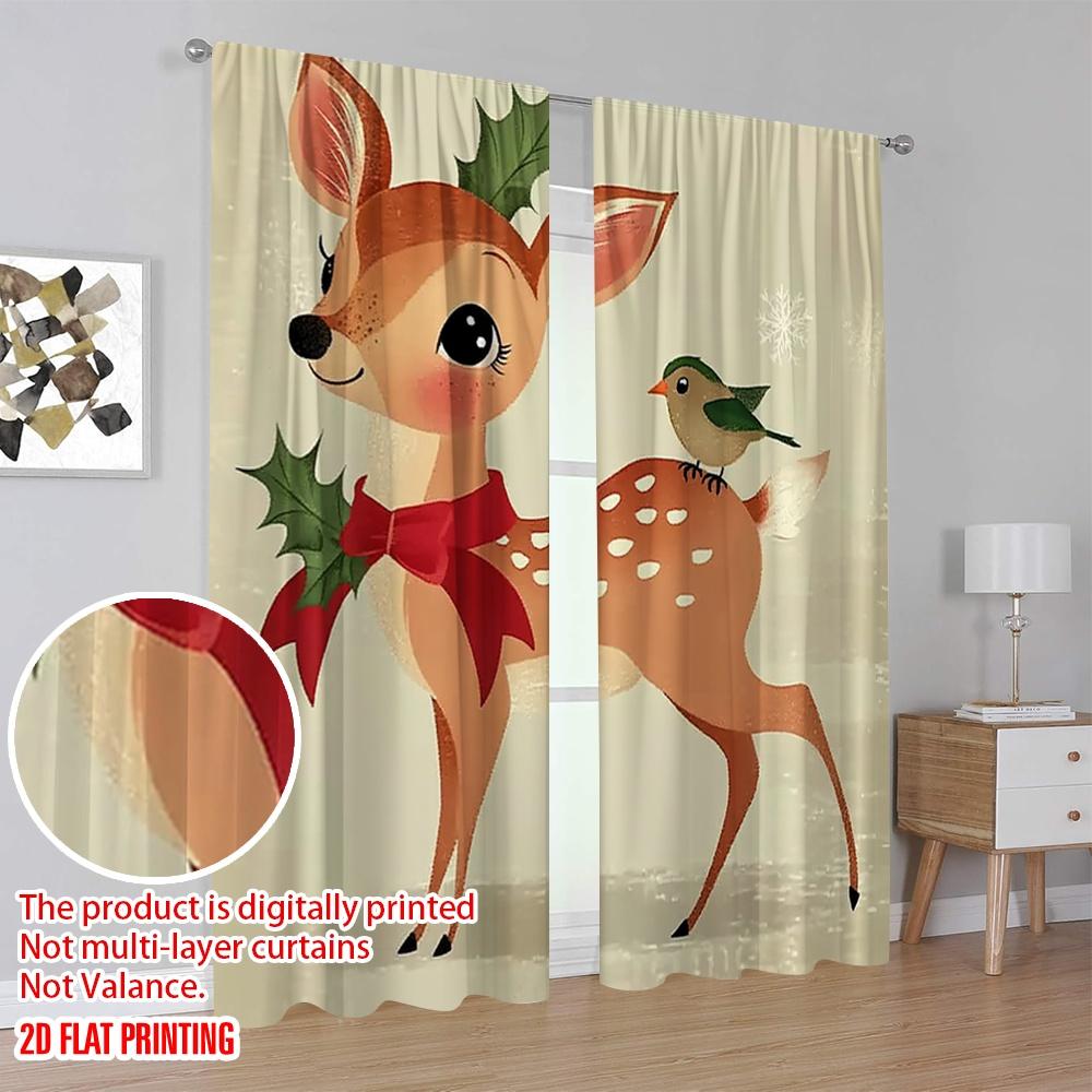 2pcs 2D flat printing Merry Christmas Popular Curtain Christmas reindeer Polyester Without Electricity Birthday Party for