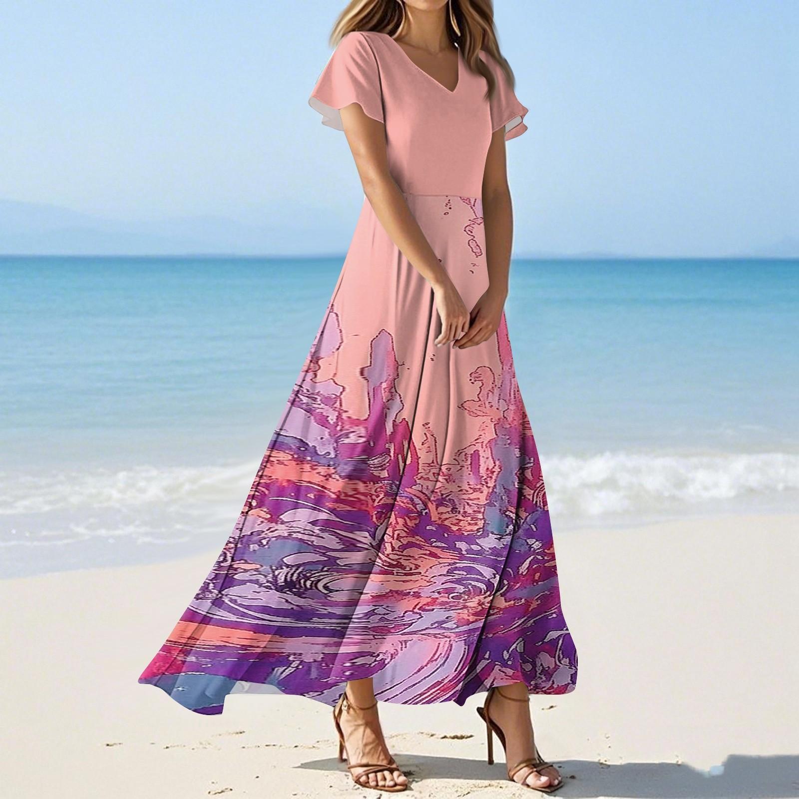 

Женские летние платья Повседневный сарафан Свободные платья с V-образным вырезом и струящимися оборками с короткими рукавами XXL розовый