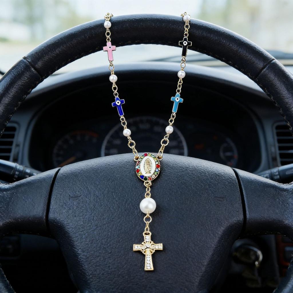 1pc Pink Pearl Cross Steering Wheel Rosary Ornament, Rosary Car Pendant Accessory, Unique Fashion Car Decor Accessory