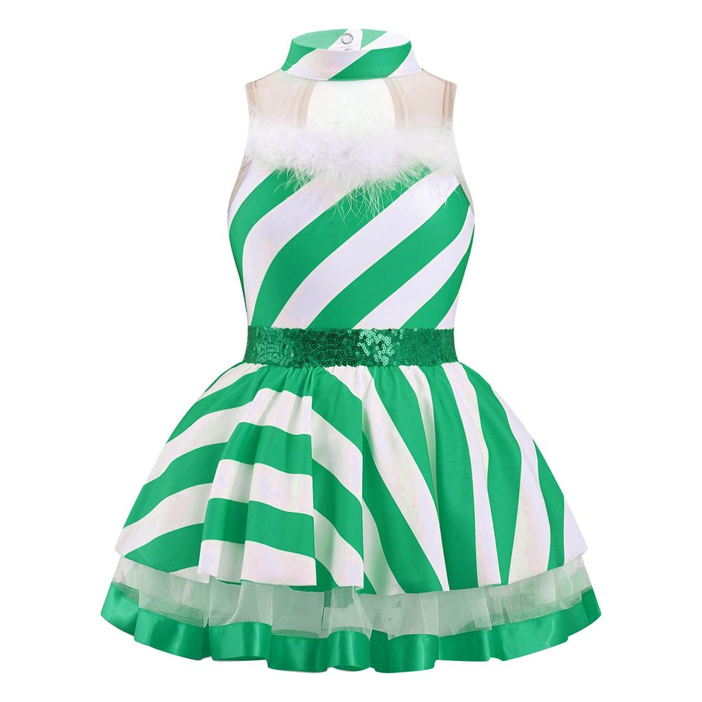 Girls Christmas Costume Sleeveless Mock Neck Keyhole Back Mesh Patchwork Stripes Print Dress