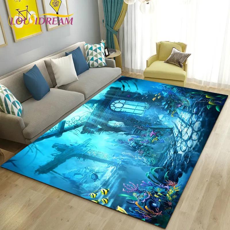 Seabed Illusion Underwater World  Dolphin Shark  Area Rug ,Carpet Rug for Living Room Bedroom Sofa Doormat Non-slip Floor Mat