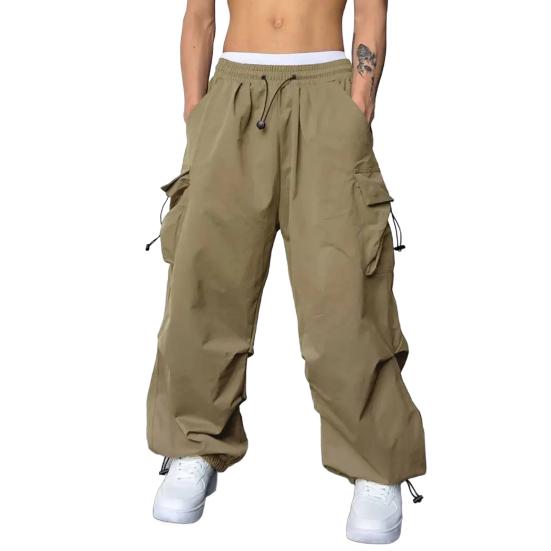 Men Casual Cargo Pants Hip Hop Baggy Trousers with Pockets Low-Rise Elastic Waist Drawstring