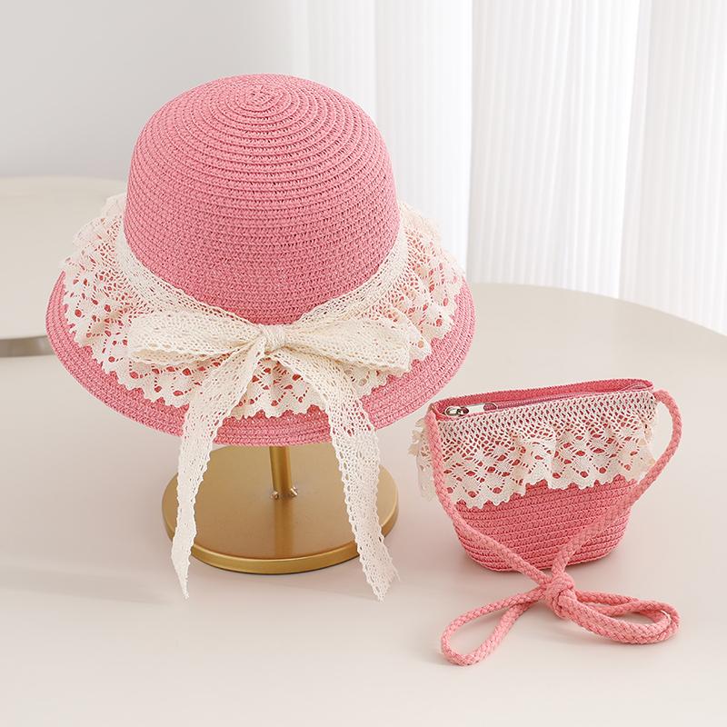 

Girls Lace Straw Hat & Mini Bag Set Summer Children s Sun Hat Bow Cute Toddler Beach Hat for Kids Outdoor Travel Sun Protection Kids Size (50-52cm) троянди рожеві кольору