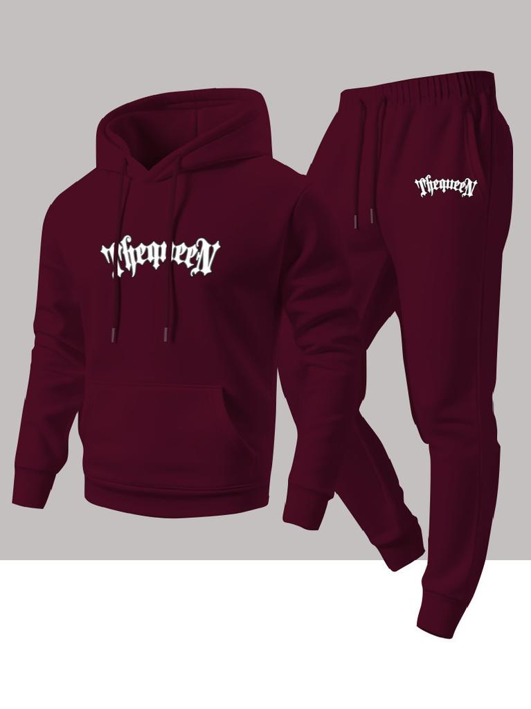 Men's fashionable casual two-piece set, new fleece-lined personalized letter print hooded shirt, sweatshirt and pants set
