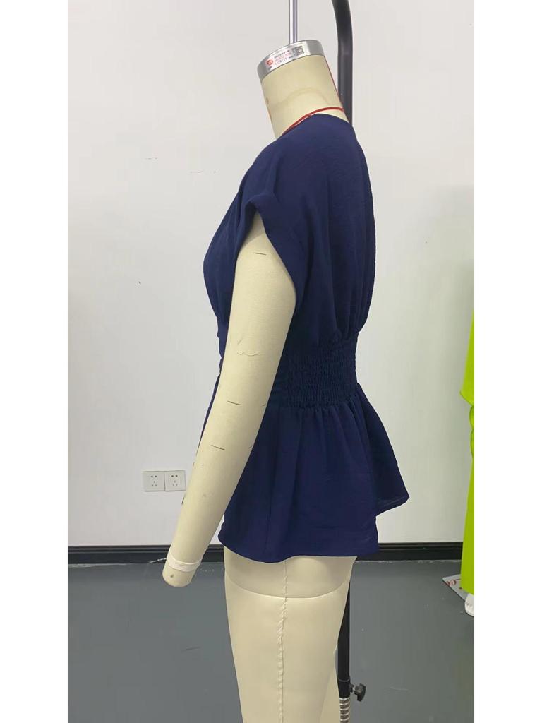 2026 Women's Slimming V-Neck Pleated Short Sleeve T-Shirt - Summer Solid Color